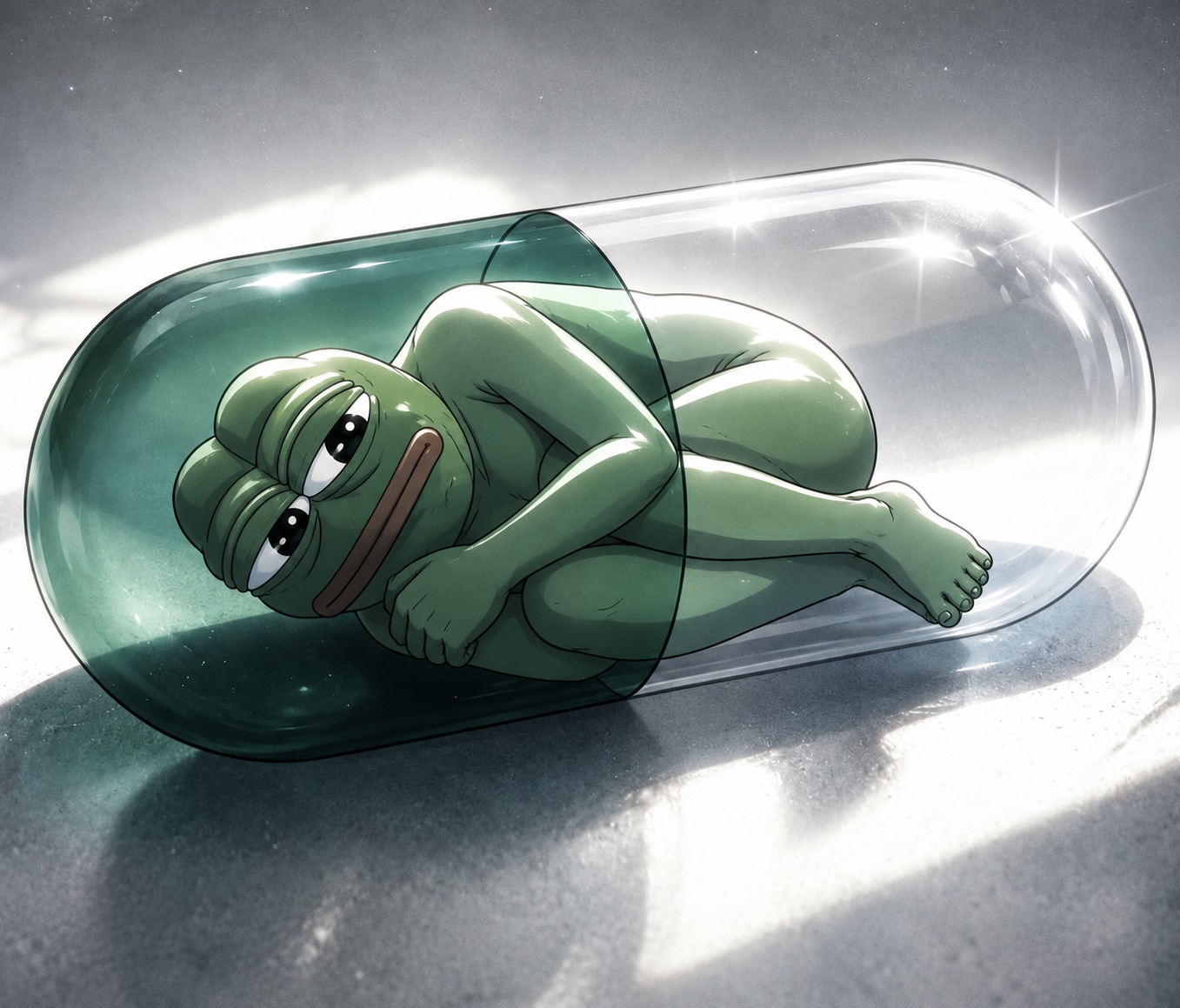 Sad Pepe the Frog curled up inside a translucent green and clear glass pill